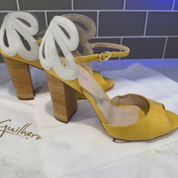 Guilhermina Yellow Suede Open-Toe Pumps with White Flower Ankle Detail in Size 4 - Picture 2 of 8